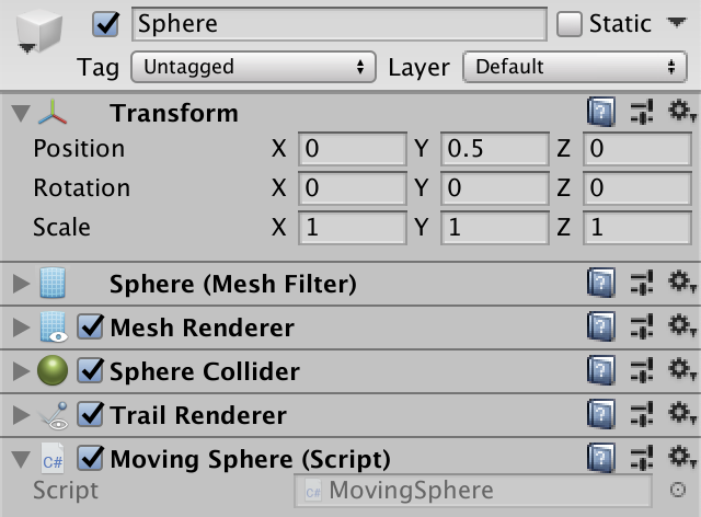 Sphere object cùng các component.